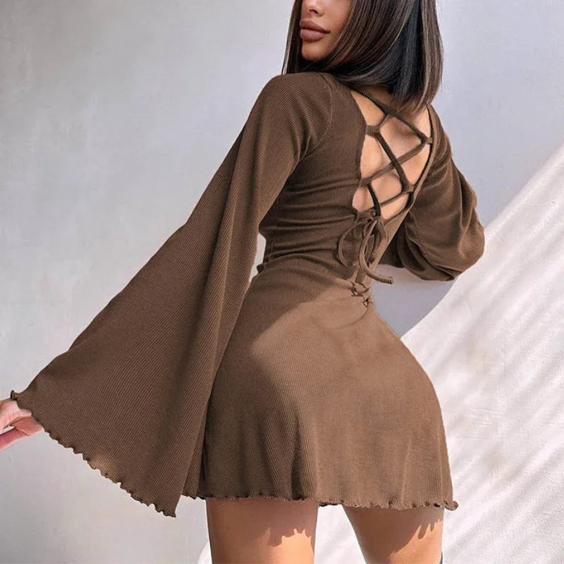 Sexy Dresses Nightclub Mini Short Party Dress Women Back Bandage O Neck A Line Flare Sleeves Autumn Vestidos Ladies Fall Robe Tunics Yoga stretchy Sexy Dresses Nightclub Mini Short Party Dress Women Back Bandage O Neck A Line Flare Sleeves Autumn Vestidos Ladies Fall Robe Tunics Yoga stretchy