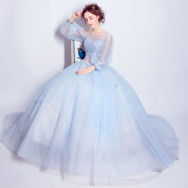 Long sleeves prom dress light blue party dress ball gown with appliques,blue quinceanera dress Tunics Versatile functional