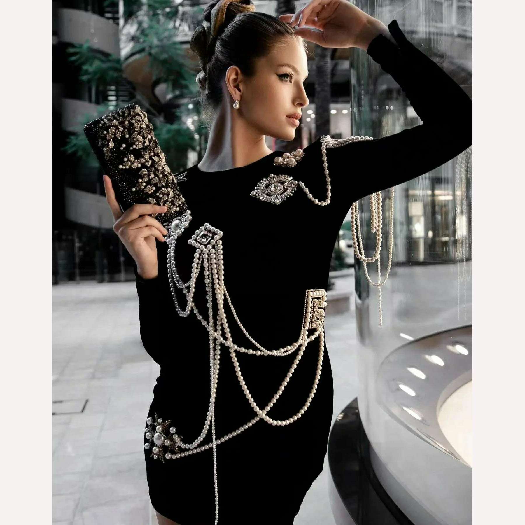 Spring Summer New Arrival In Stock Fashion Luxury Beaded Sexy Sheath Bandage Bodycon Dress Black Long Sleeve Evening Party Dress Tunics Seasonal trendy Spring Summer New Arrival In Stock Fashion Luxury Beaded Sexy Sheath Bandage Bodycon Dress Black Long Sleeve Evening Party Dress Tunics Seasonal trendy