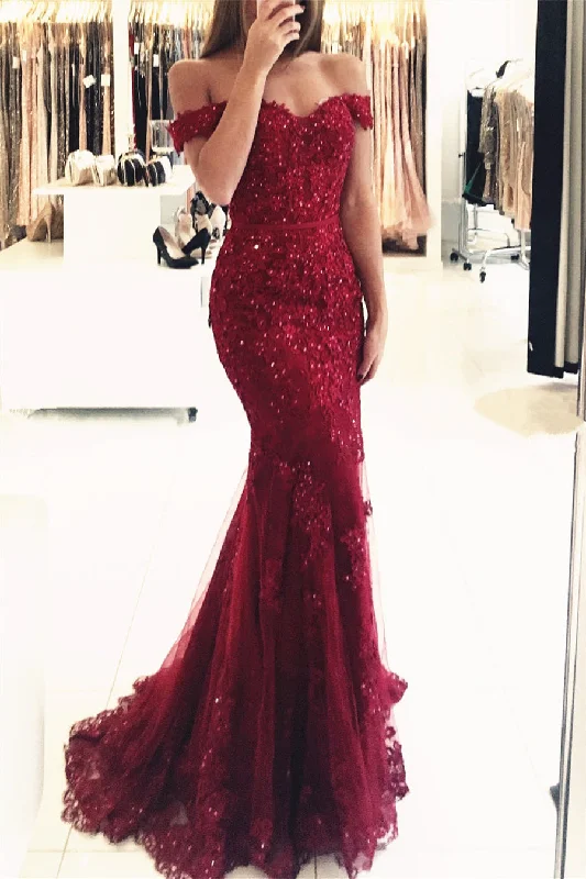 Red Long Evening Dresses Lace Beaded Off Shoulder Mermaid Prom Dresses Party Dresses Pencil Length Work Red Long Evening Dresses Lace Beaded Off Shoulder Mermaid Prom Dresses Party Dresses Pencil Length Work