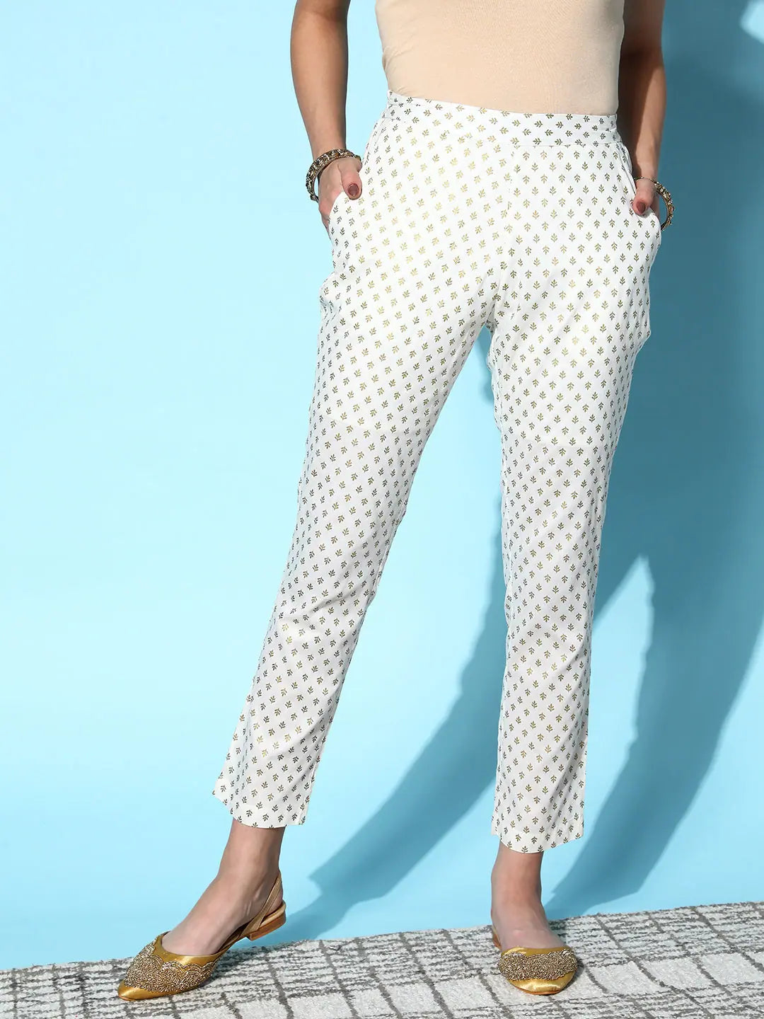 Women Off White Cotton Silk Geo Foil Pencil Pants Slim-Fit Khaki Pants