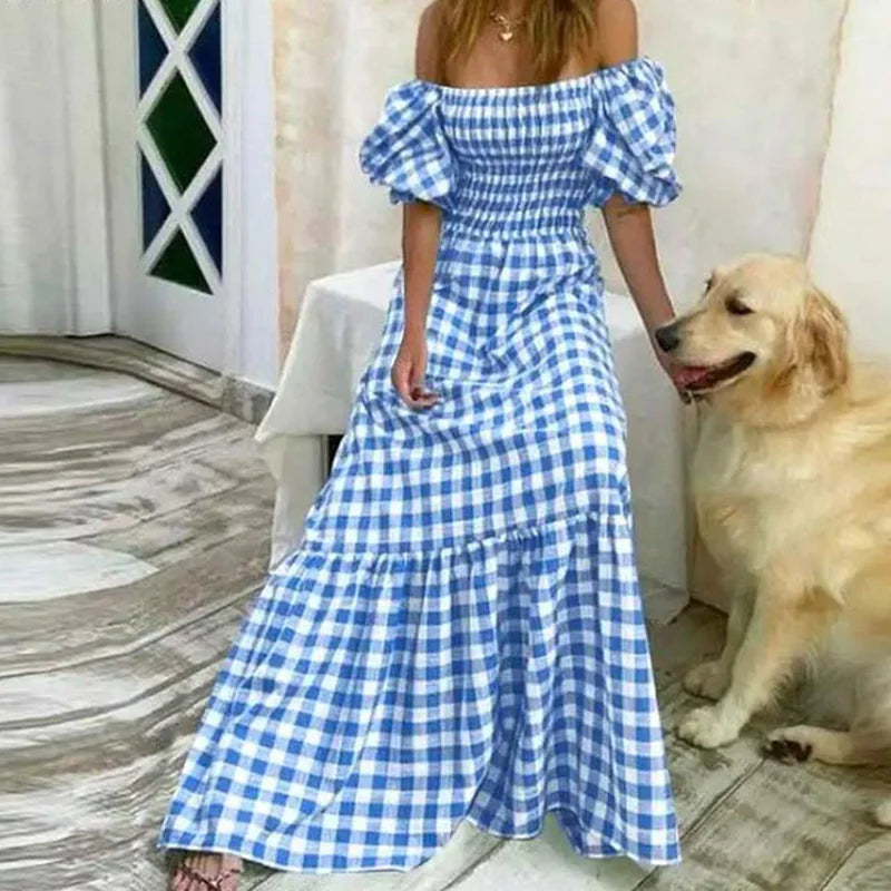 Advbridge - Fashion Square Neck Puff Short Sleeve Long Dress Women Elegant Plaid Print Pleated Robe Dress 2024 Casual High Waist Party Dress Tunics Long Elegant Advbridge - Fashion Square Neck Puff Short Sleeve Long Dress Women Elegant Plaid Print Pleated Robe Dress 2024 Casual High Waist Party Dress Tunics Long Elegant