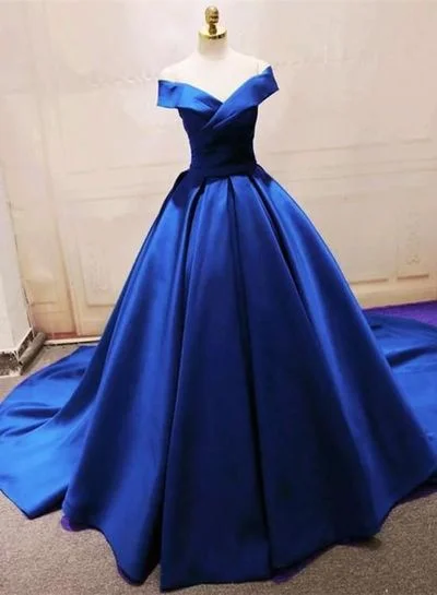 Blue party dress off shoulder evening dress v neck prom dress satin long formal dress Tunics Chic elegant