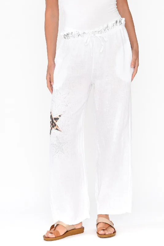 Nalda White Leopard Linen Embellished Pants Stylish Slim Trousers