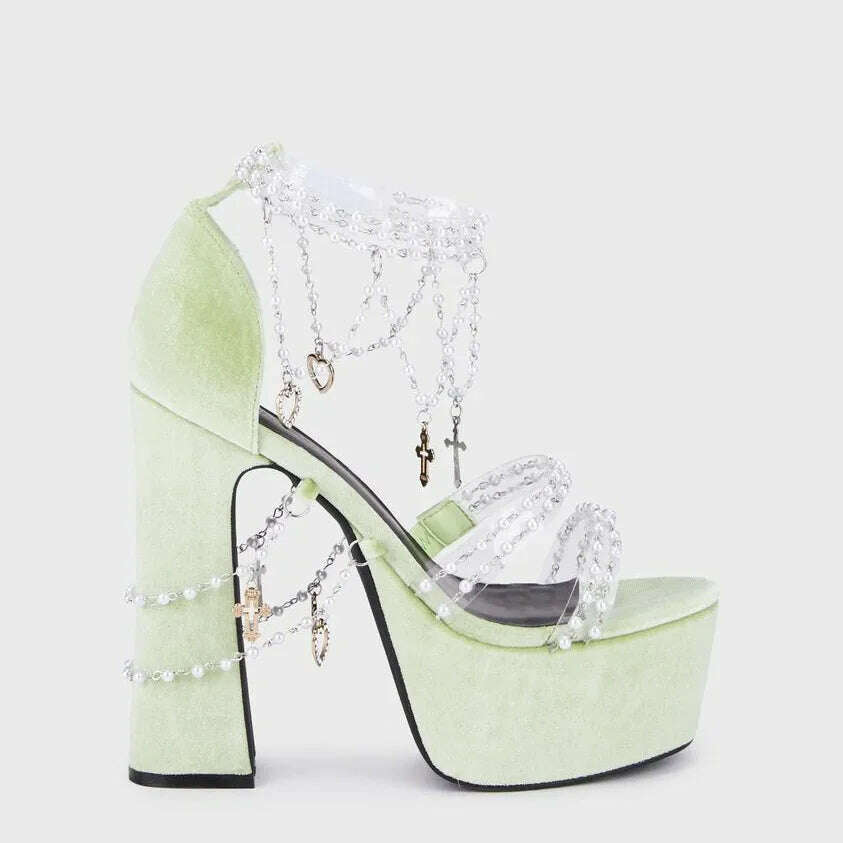 Pearl Fringe Chain Sexy Sandals Open Toe Chunky Heel Platform Suede Hollow Sandal Women Shoe Summer Party Dress Style Hook Loop sweetheart Neckline Romantic Pearl Fringe Chain Sexy Sandals Open Toe Chunky Heel Platform Suede Hollow Sandal Women Shoe Summer Party Dress Style Hook Loop sweetheart Neckline Romantic