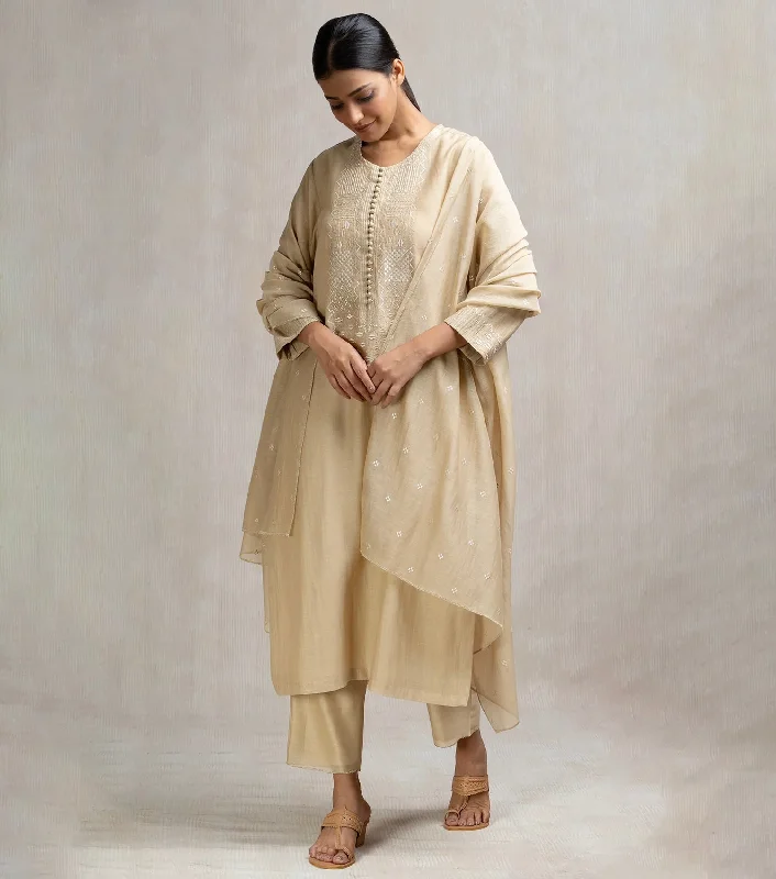 Thread & Zari Embroidered Kurta Set with Pants & Dupatta Soft Cotton Pants