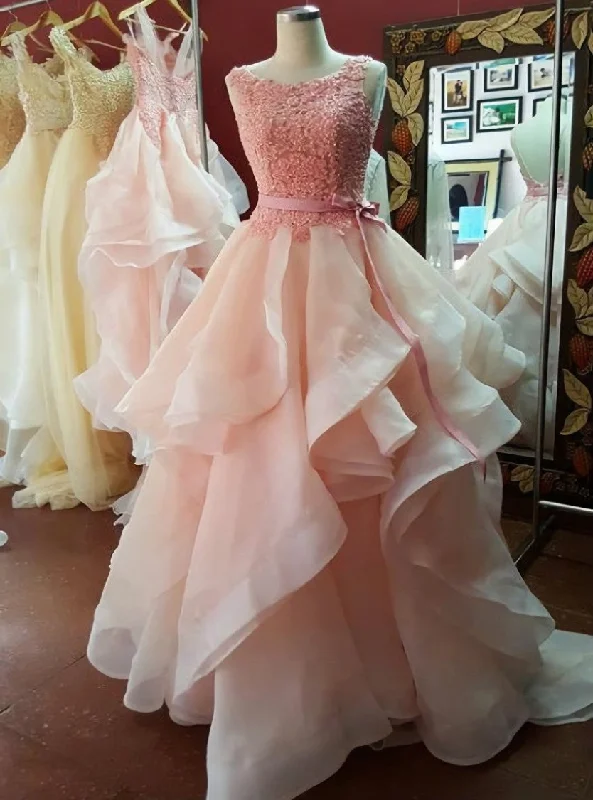 Scoop Neckline Pink Organza Prom Dresses Long with Bow Belt Party Dresses Off-the-shoulder Bohemian Festive