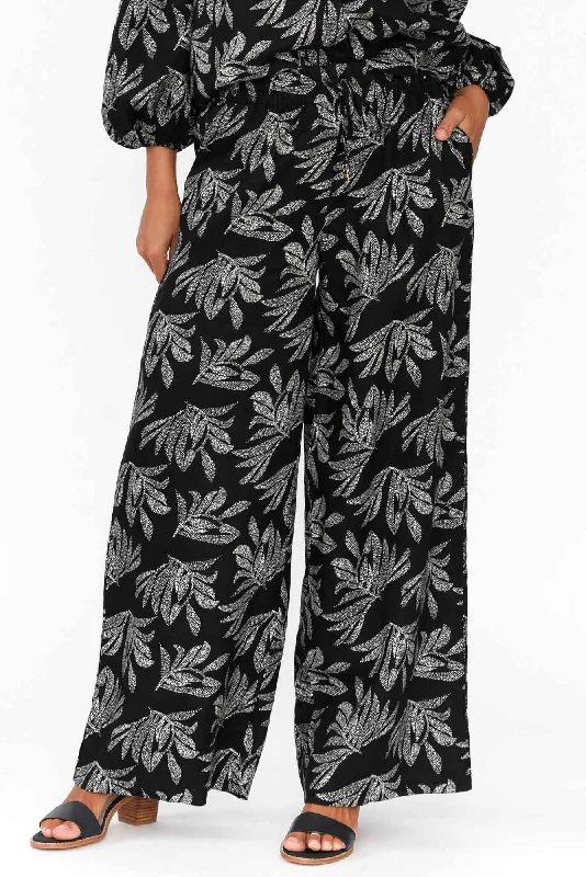 Eleri Black Palm Linen Wide Leg Pants Trendy Tapered Pants