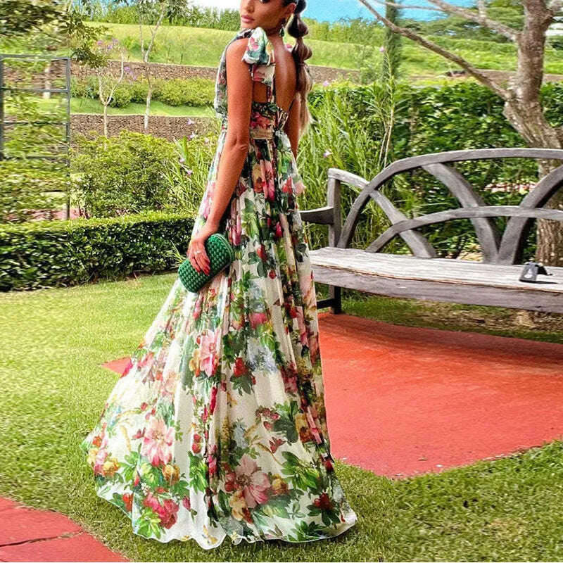 Sexy Summer Party Dress Women Fashion Bow Straps High Waist Pleated Beach Dress Chiffon Casual Floral Print Bohemian Long Dress Glittery Long Formal