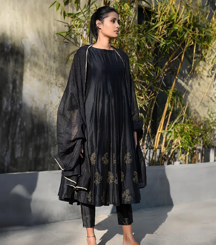Black Chanderi Kurta Set with Pants & Dupatta Formal Wide-Leg Pants