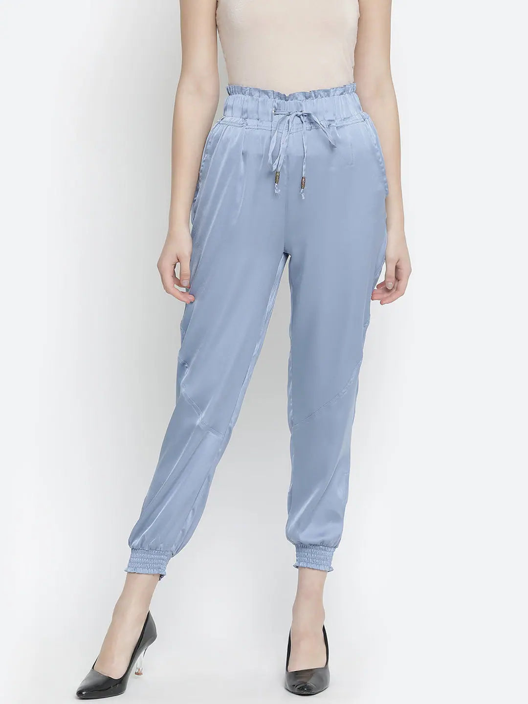 Outraging solid blue satin women elasticated pant Modern Stretch Trousers