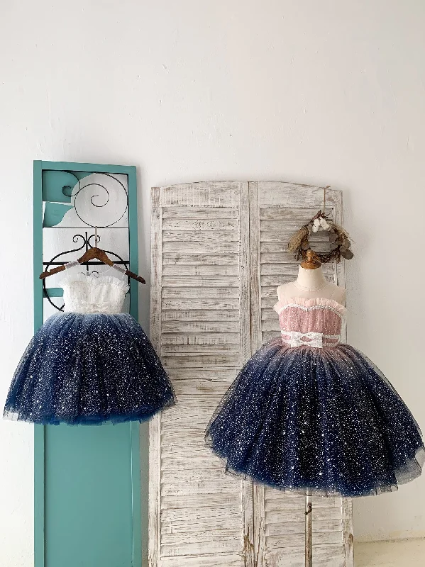 Ombre Pink / Navy Stars Tulle Wedding Flower Girl Dress Kids Party Dress Tunics Party sparkling Ombre Pink / Navy Stars Tulle Wedding Flower Girl Dress Kids Party Dress Tunics Party sparkling