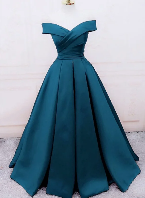 Glam Blue Satin Long Off Shoulder Party Dress, A-line Prom Dress Square Neckline Feminine