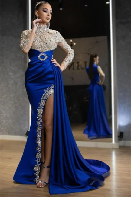 Luxury Halter Royal Blue Satin Mermaid Evening Maxi Dress Long Sleeves Crystals Gold Appliques Party Dress sweetheart Neckline Romantic Luxury Halter Royal Blue Satin Mermaid Evening Maxi Dress Long Sleeves Crystals Gold Appliques Party Dress sweetheart Neckline Romantic