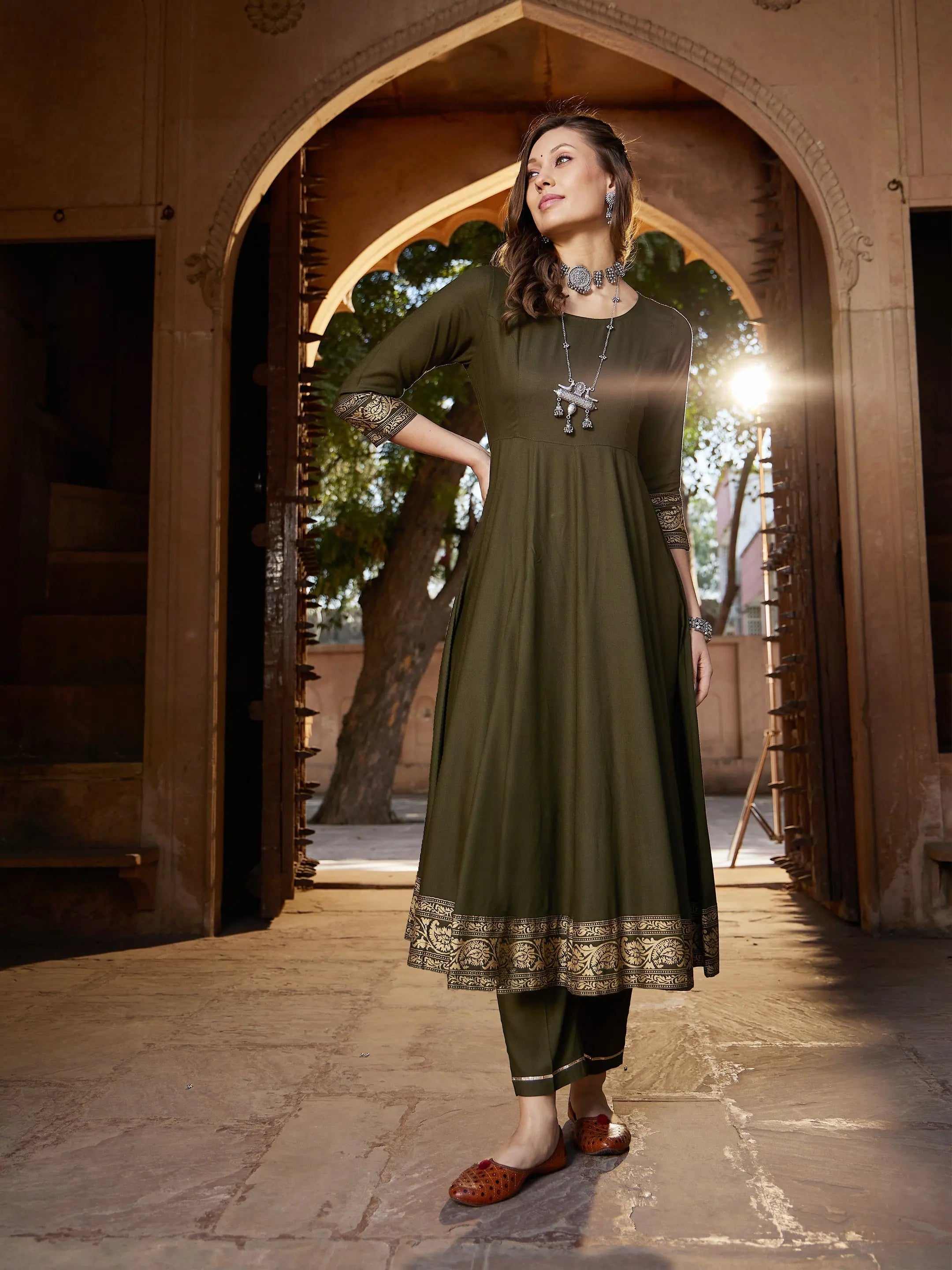 Women Olive Floral Foil Border Anarkali Kurta With Pants Comfortable Denim Trousers