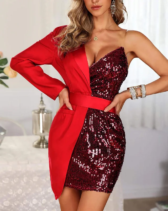 ONE SHOULDER SEQUIN PATCHWORK PARTY DRESS Tunics Stylish elegant