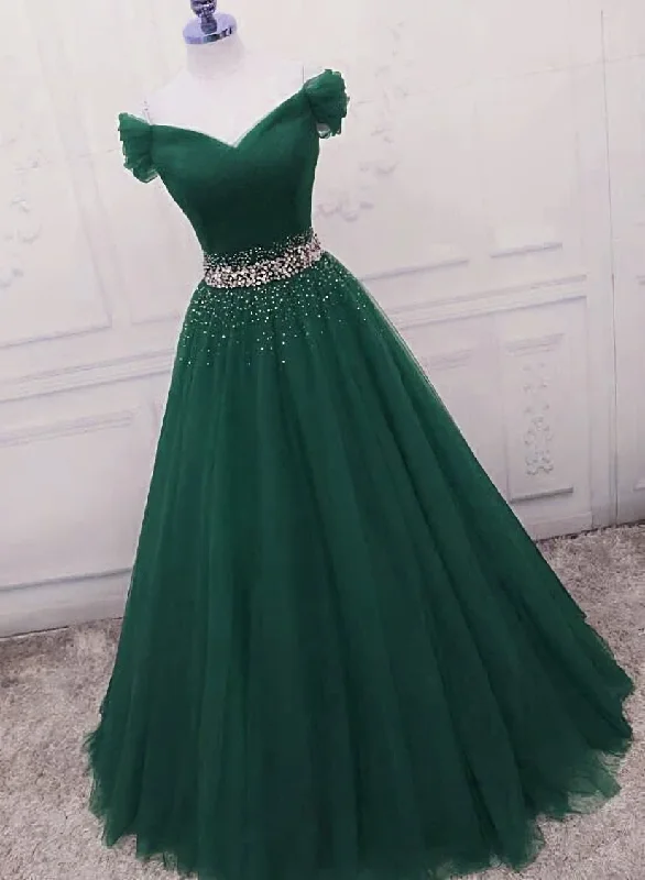 Gorgeous Dark Green Tulle Off Shoulder Long Party Dress, Prom Gown Boat Neckline Classic
