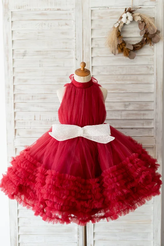 Halter Neck Burgundy Tulle Ruffles Wedding Flower Girl Dress Kids Party Dress Tunics Ceremony elegant
