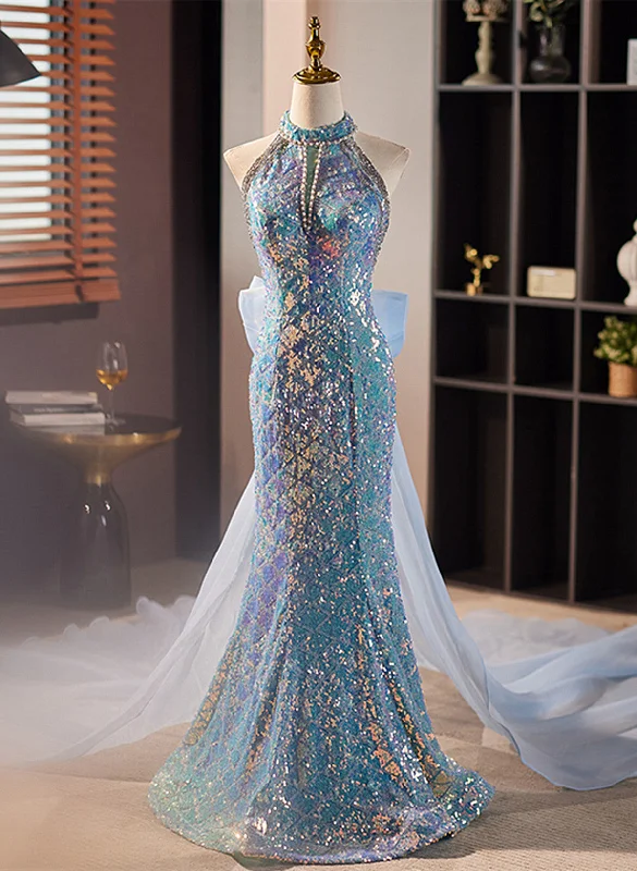 Blue Mermaid Sequins Halter Long Party Dress with Bow, Blue Sequins Prom Dress Tunics Bestseller popular Blue Mermaid Sequins Halter Long Party Dress with Bow, Blue Sequins Prom Dress Tunics Bestseller popular