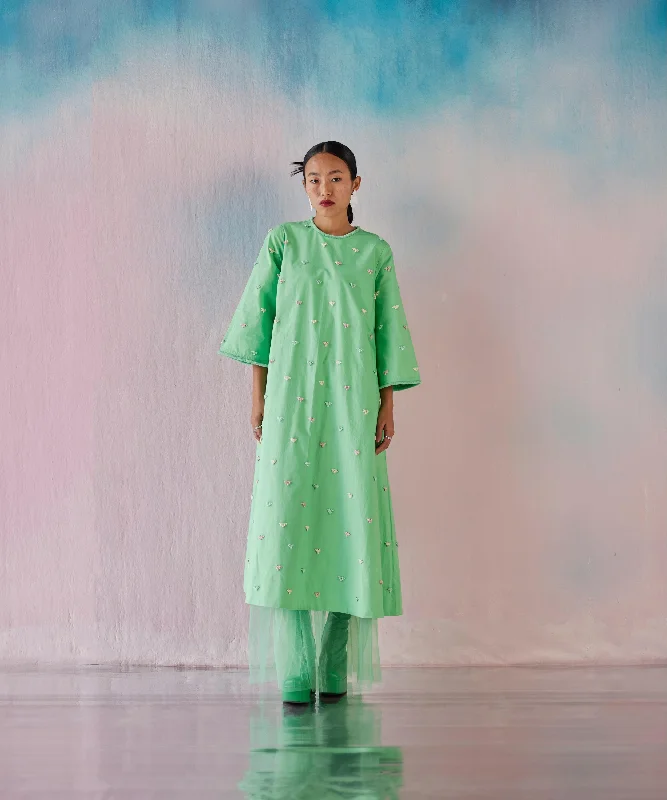 Green Apple Poplin Foam Heart Emb A-line Dress Tunics Gym athletic