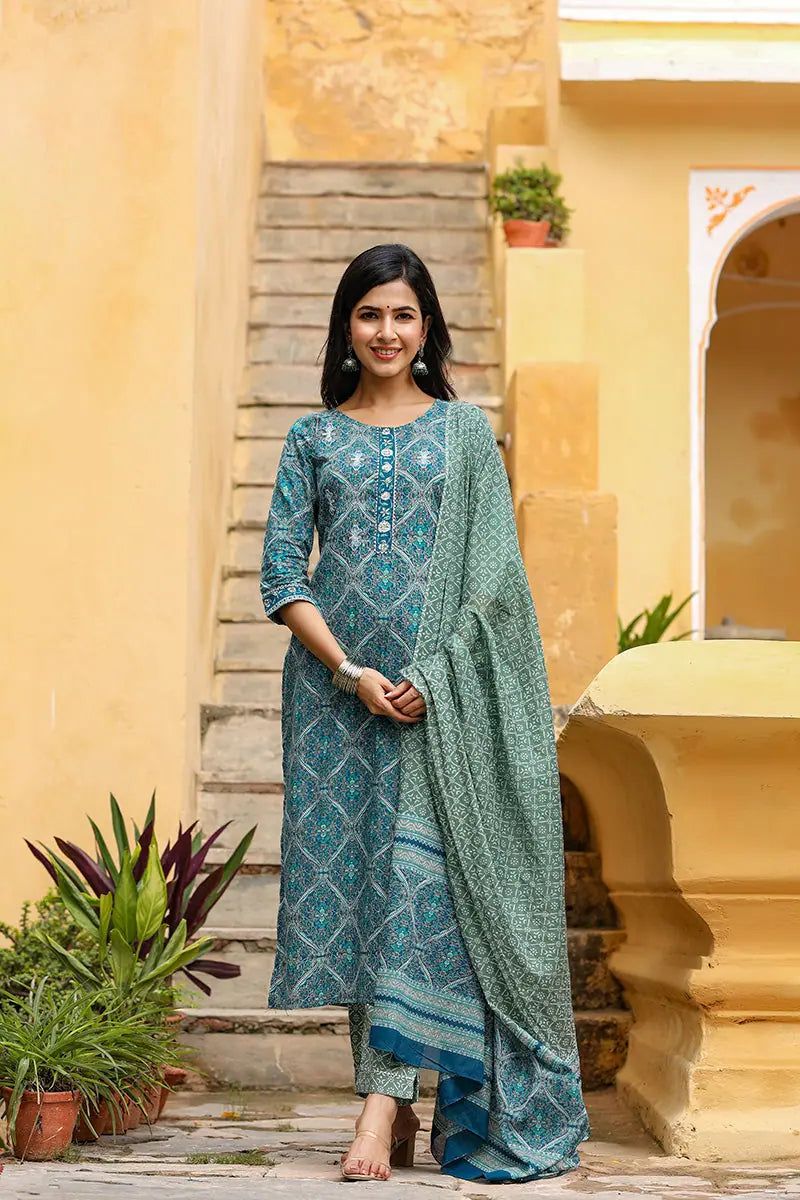 Ahika Women Cotton Green Ethnic Motifs Printed Straight Kurta Pant Dupatta Set Trendy Wide-Leg Pants Ahika Women Cotton Green Ethnic Motifs Printed Straight Kurta Pant Dupatta Set Trendy Wide-Leg Pants