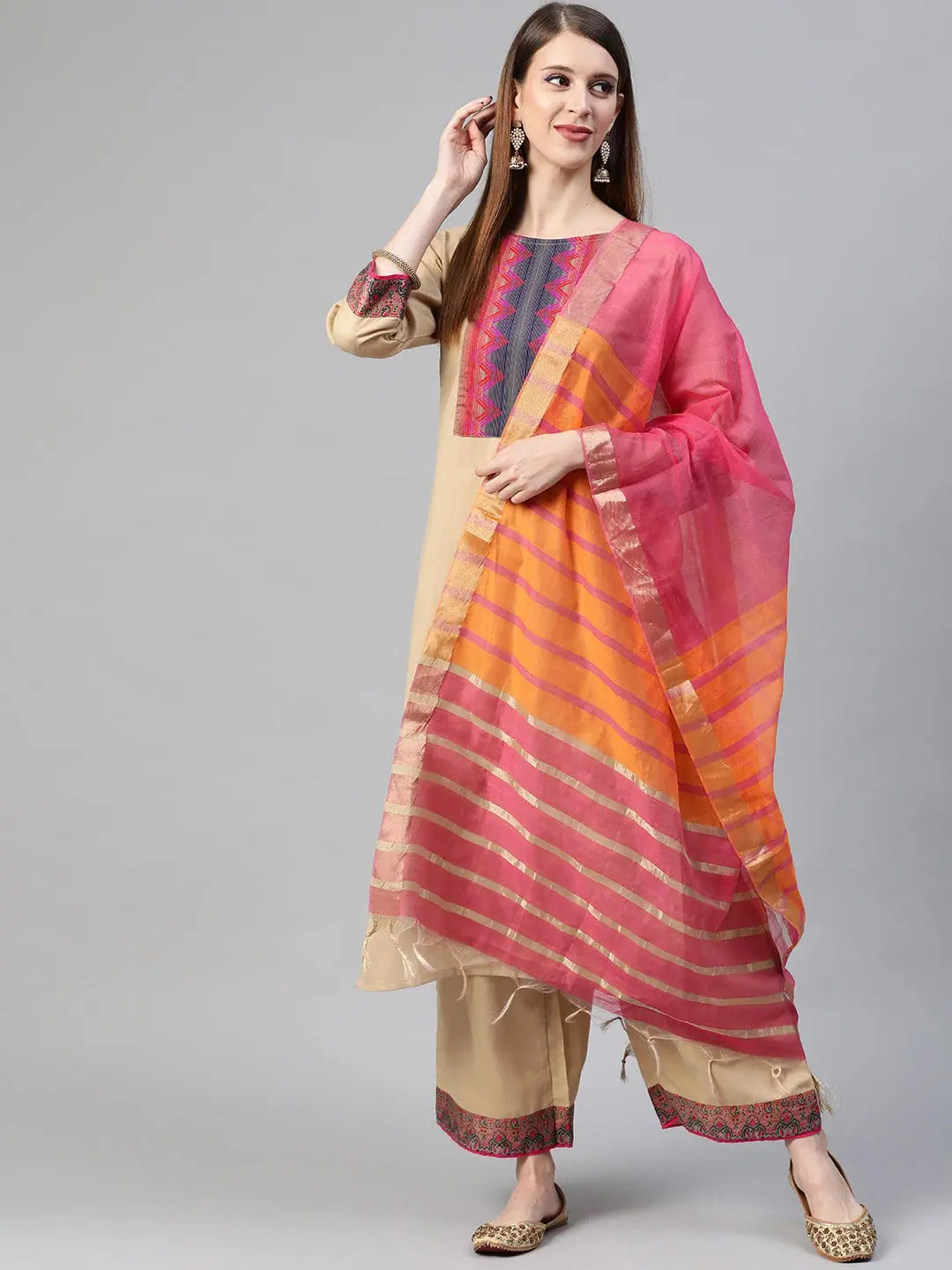 Ahika Women Cotton Beige Solid Printed Straight Kurta Pant Dupatta Set Classic Chino Pants Ahika Women Cotton Beige Solid Printed Straight Kurta Pant Dupatta Set Classic Chino Pants