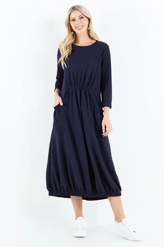 Take On The Day-Navy Bubble Hem Dress Boat Neckline Classic