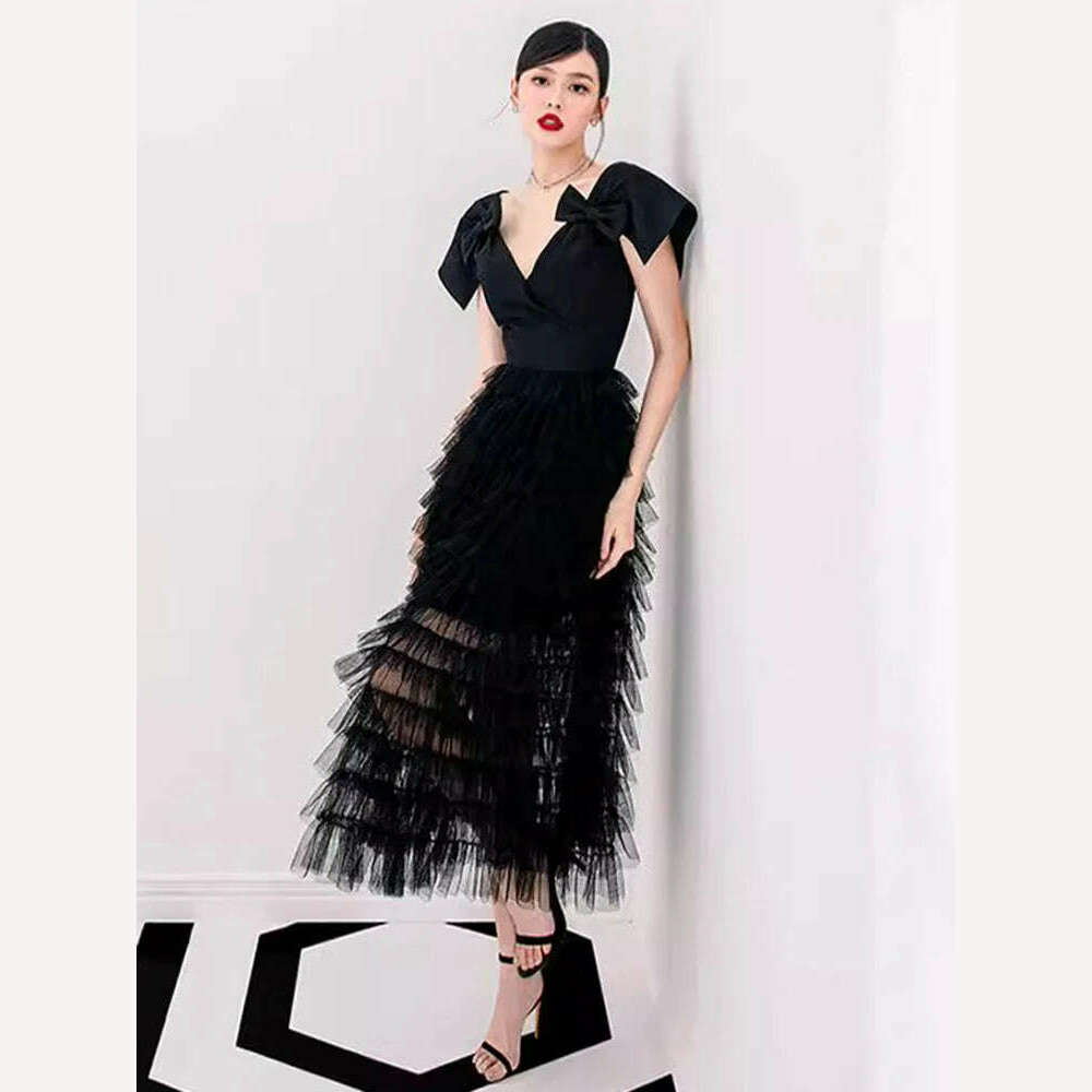 DEAT Elegant Dress Stack Mesh High Waist Bowkont A Line V Neck Cross Women's Party Dresses 2024 Summer New Fashion 13DB7004 empire Waist empire DEAT Elegant Dress Stack Mesh High Waist Bowkont A Line V Neck Cross Women's Party Dresses 2024 Summer New Fashion 13DB7004 empire Waist empire