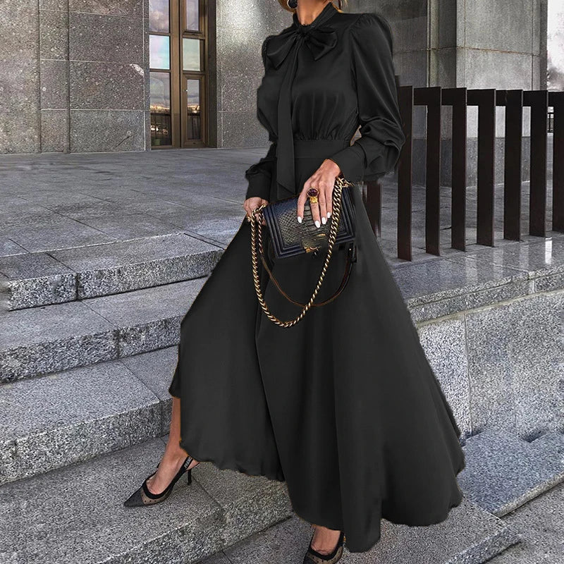 Advbridge Elegant Bow Collar Big Hem Satin Dresses Luxury Women Bright Color High Waist Party Dress Fall Long Sleeve Loose Maxi Dress Tunics Luxurious high-end Advbridge Elegant Bow Collar Big Hem Satin Dresses Luxury Women Bright Color High Waist Party Dress Fall Long Sleeve Loose Maxi Dress Tunics Luxurious high-end