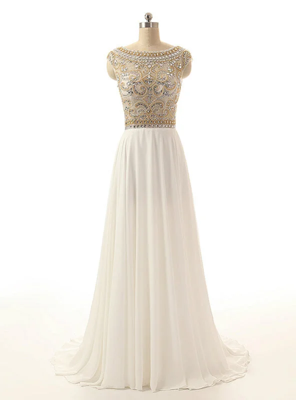 Cheap Ivory Crystals Prom Dresses Long Chiffon Beaded Party Dress Mermaid Tail Wedding