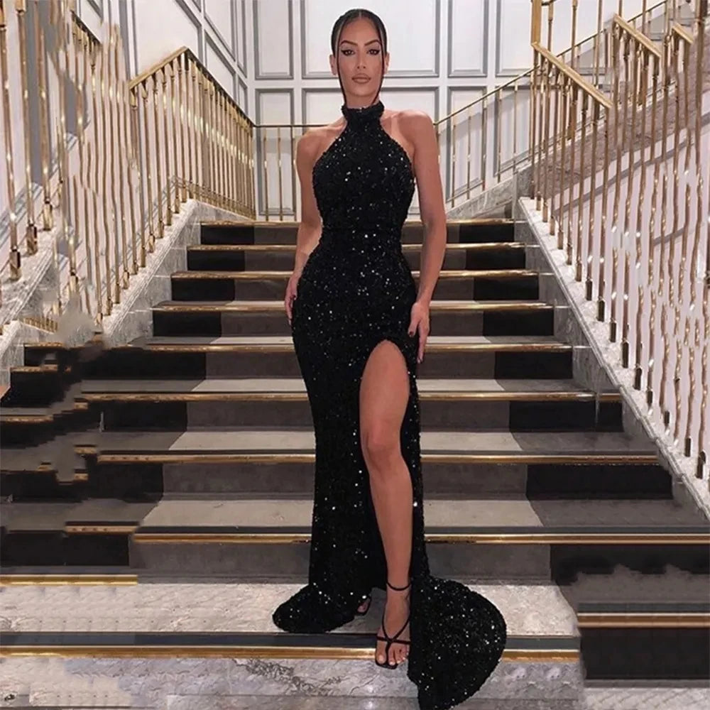 Customized Sequin Evening Dresses Long Black High Collar Mermaid Women's Evening Gown Trumpet Side Slit Formal Party Dress Tunics Formal black Customized Sequin Evening Dresses Long Black High Collar Mermaid Women's Evening Gown Trumpet Side Slit Formal Party Dress Tunics Formal black