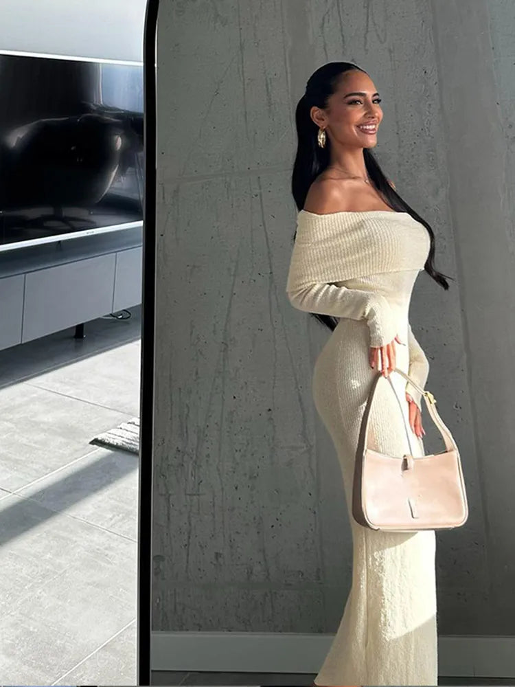 Advbridge 2024 Fashion Off Shoulder Maxi Knitted Dress Women's Elegant White Long Sleeved Skinny Robe Female Chic Autumn New Party Dresses Tunics Bestseller popular Advbridge 2024 Fashion Off Shoulder Maxi Knitted Dress Women's Elegant White Long Sleeved Skinny Robe Female Chic Autumn New Party Dresses Tunics Bestseller popular