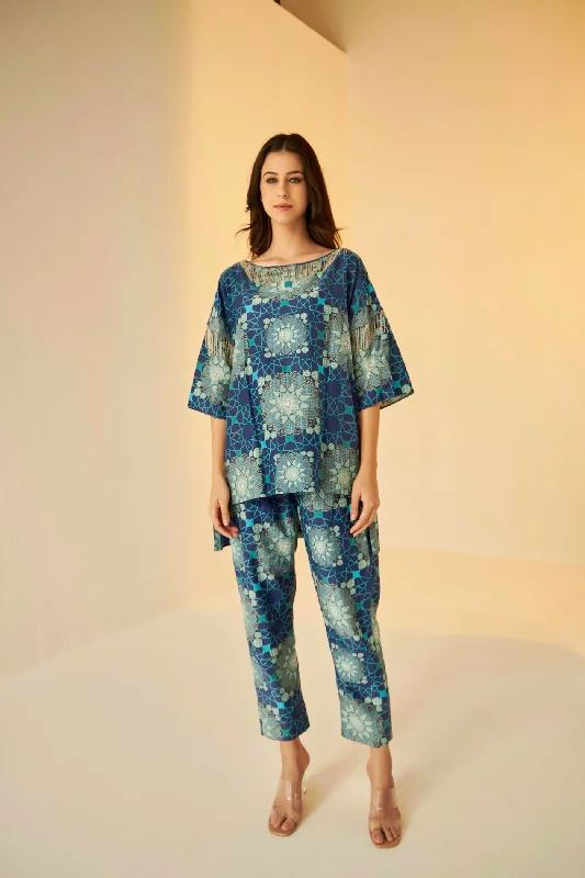 Blue- Boat Neck Tashkent Printed Top And Pants Set Relaxed High-Waist Trousers