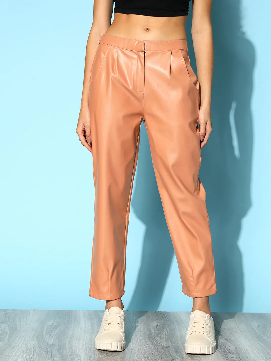Women Nude PU Pants Casual Wide Pants