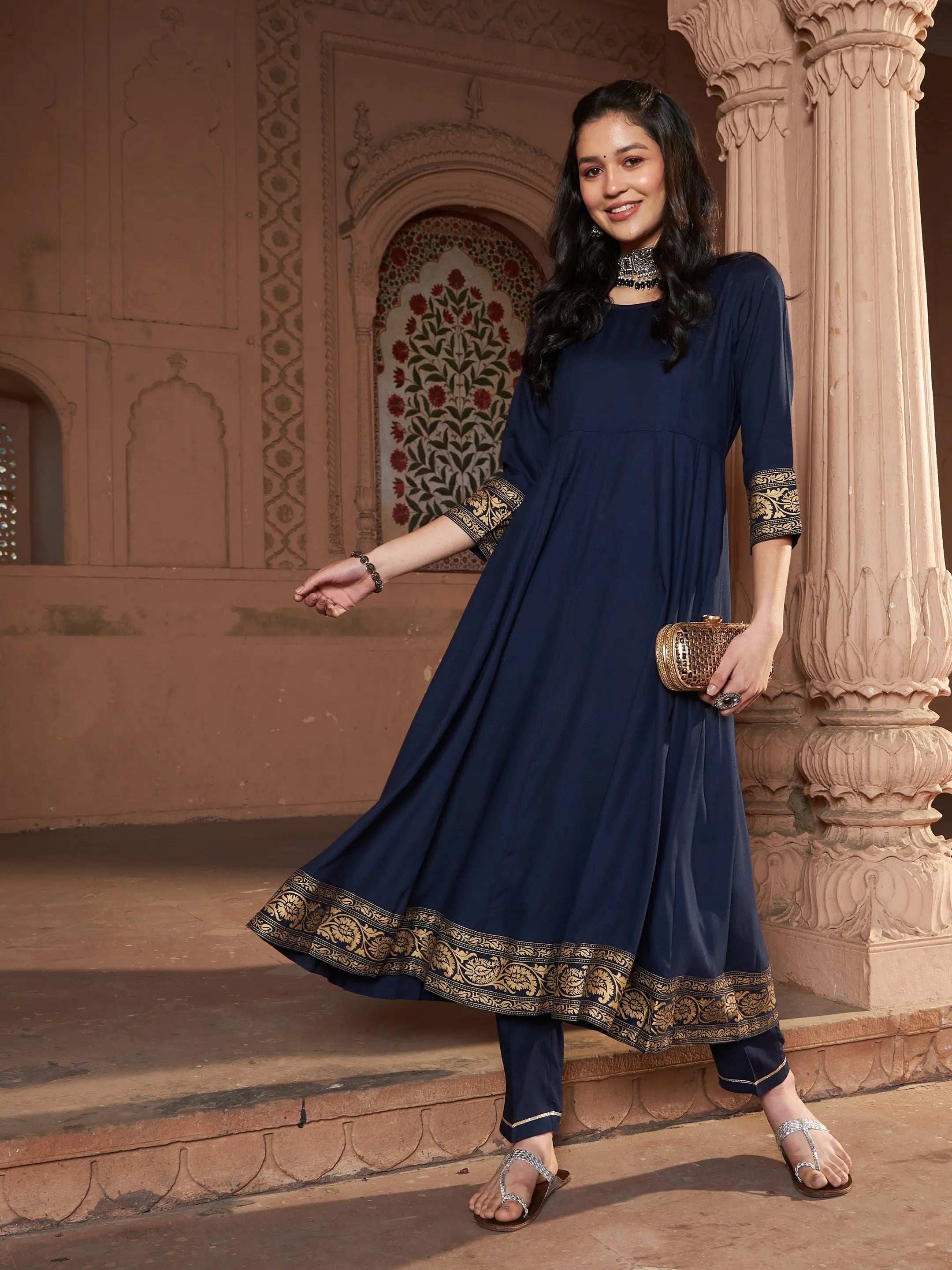 Women Navy Floral Foil Border Anarkali Kurta With Pants Soft Stretch Pants