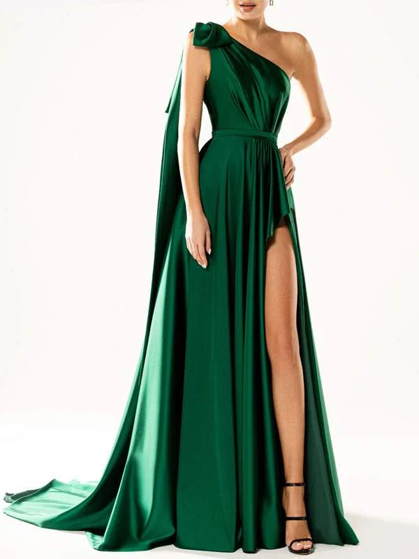 PARTY DRESSES GREEN ONE SHOULDER SLEEVELESS OPEN SHOULDER HIGH SLIT LONG SEMI FORMAL DRESS Tunics Silk luxurious PARTY DRESSES GREEN ONE SHOULDER SLEEVELESS OPEN SHOULDER HIGH SLIT LONG SEMI FORMAL DRESS Tunics Silk luxurious