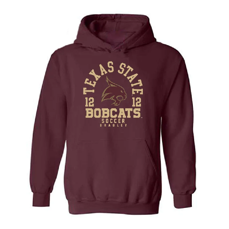 Texas State - NCAA Women's Soccer : Kennley Bradley - Classic Fashion Shersey Hooded Sweatshirt Hoodie with Hem Embroidery Detailed Premium Texas State - NCAA Women's Soccer : Kennley Bradley - Classic Fashion Shersey Hooded Sweatshirt Hoodie with Hem Embroidery Detailed Premium