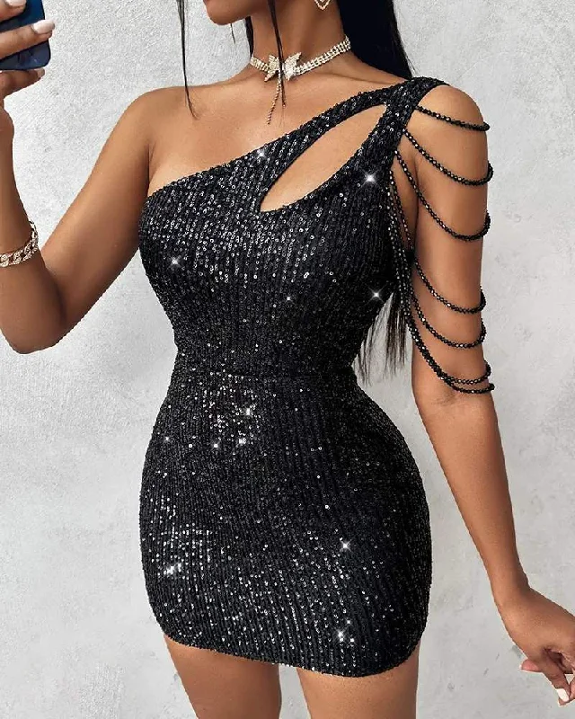 ONE SHOULDER CUTOUT ALLOVER SEQUIN PARTY DRESS Crew Neckline Sporty