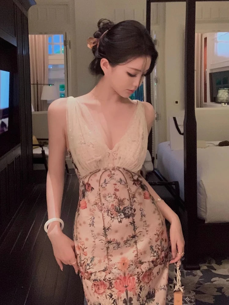 Advbridge French Vintage Y2k V-Neck Midi Dress Women Casual Evening Party Dress Beach Style Boho Retro Elegant One Piece Dress Korean Tunics Prom sequined Advbridge French Vintage Y2k V-Neck Midi Dress Women Casual Evening Party Dress Beach Style Boho Retro Elegant One Piece Dress Korean Tunics Prom sequined