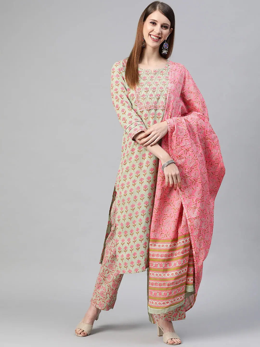 Ahika Women Cotton Green Floral Printed Straight Kurta Pant Dupatta Set Comfortable Cargo Pants