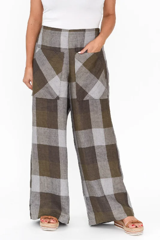 Romney Chocolate Check Linen Pocket Pants Fashionable Work Pants