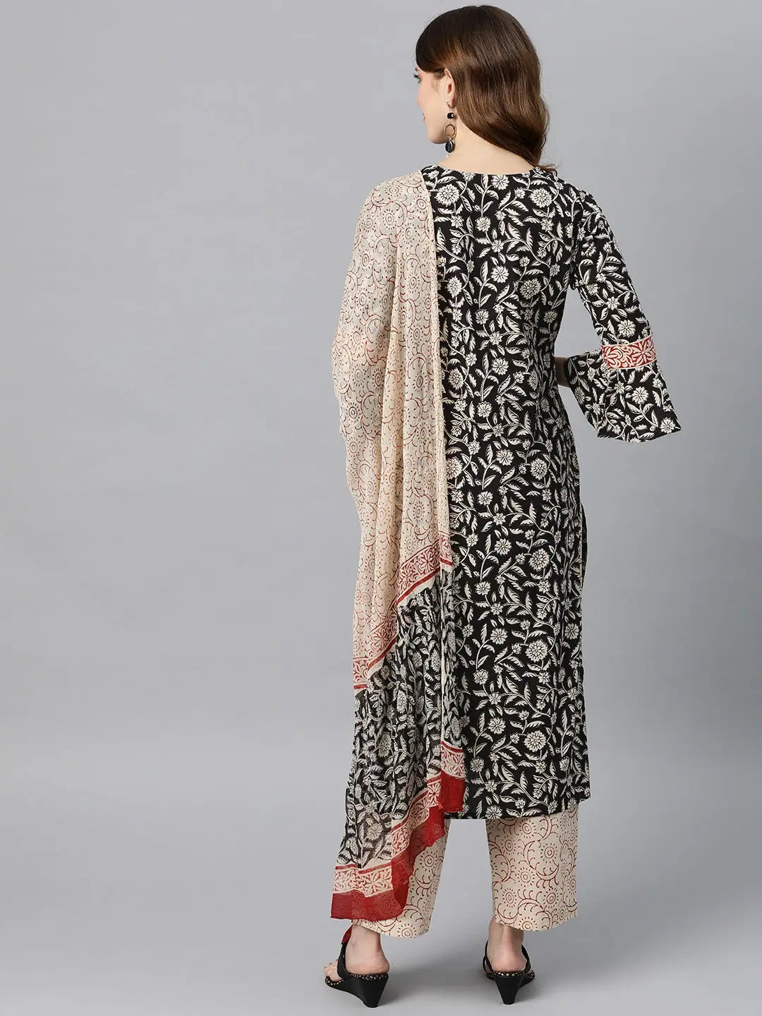 Ahika Women Cotton Black Ethnic Motifs Printed Straight Kurta Pant Dupatta Relaxed Fit Trousers Ahika Women Cotton Black Ethnic Motifs Printed Straight Kurta Pant Dupatta Relaxed Fit Trousers