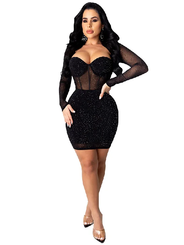 Bodycon Long Sleeve Mesh Sequin Min Dresses Bodycon Club Sequined