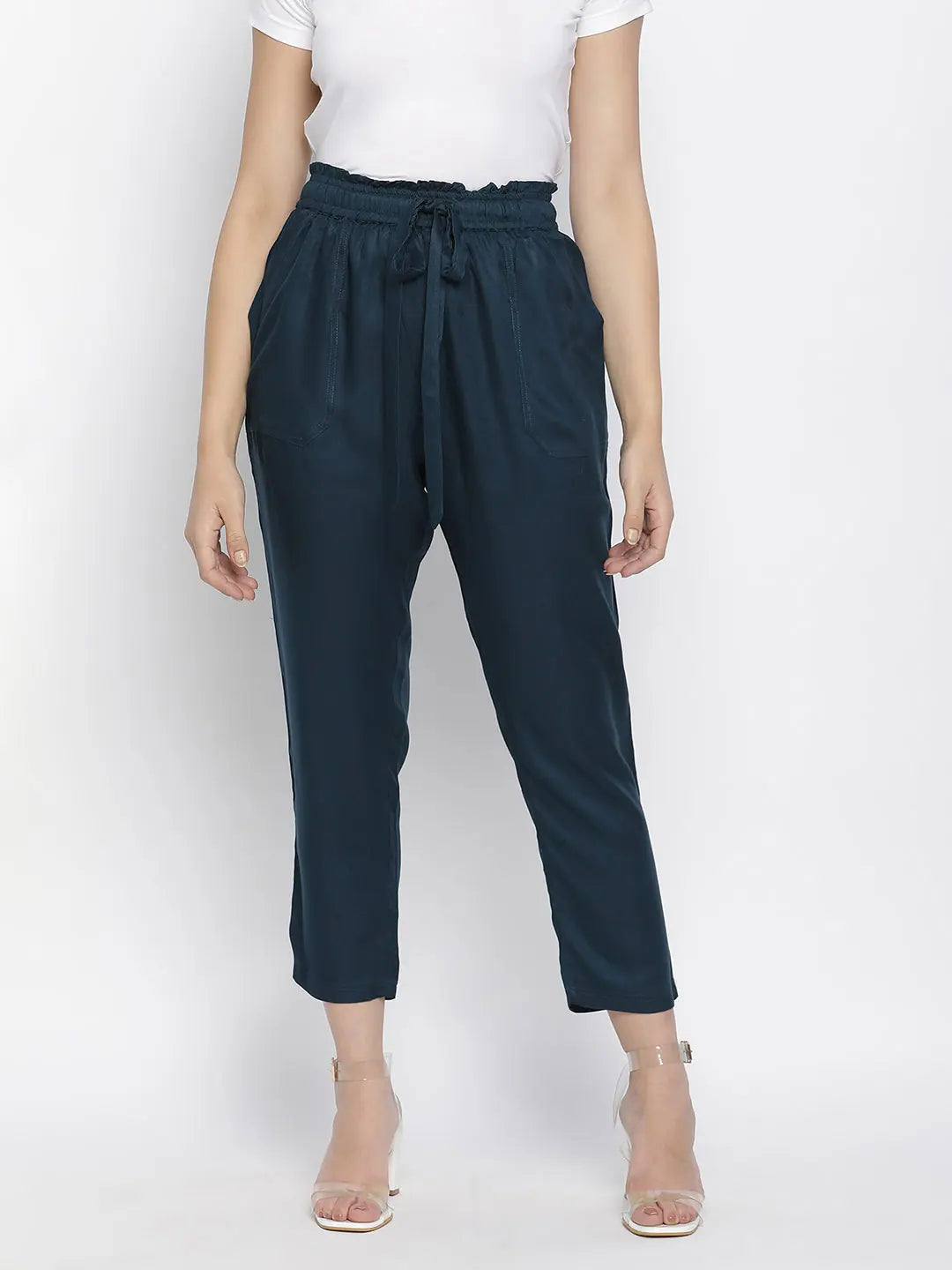 Palonic sloid blue women Elasticated pant Trendy Wide-Legged Trousers