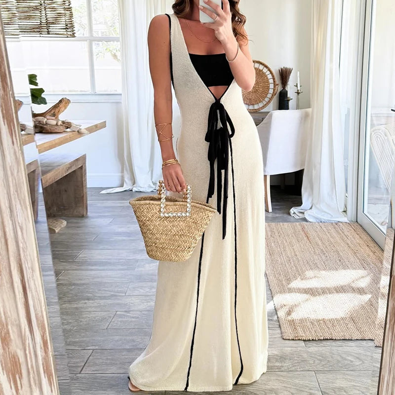 Advbridge Elegant Sleeveless Hollow Out Long Dress Women's Deep V-neck Patchwork Lace-up Party Dress New Fashion Temperament Commute Dress Cowl Neckline Elegant