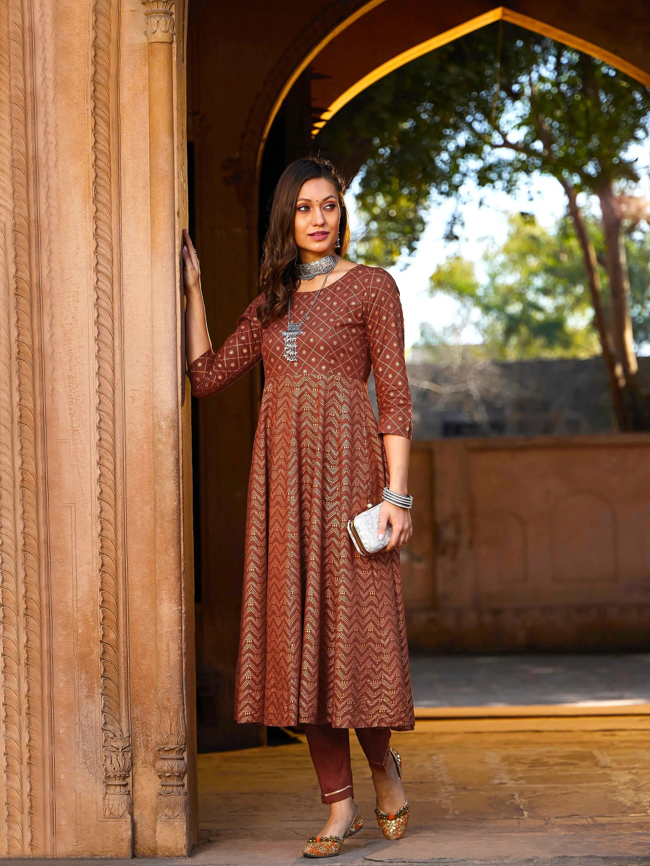 Women Rust Chevron Foil Anarkali Kurta With Pants Cozy Jogger Leggings