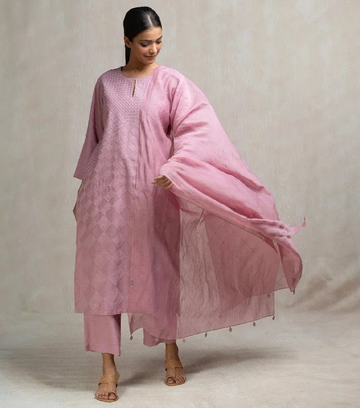 Patch Embroidered Muslin Kurta Set with Pants & Dupatta Comfortable Maternity Pants