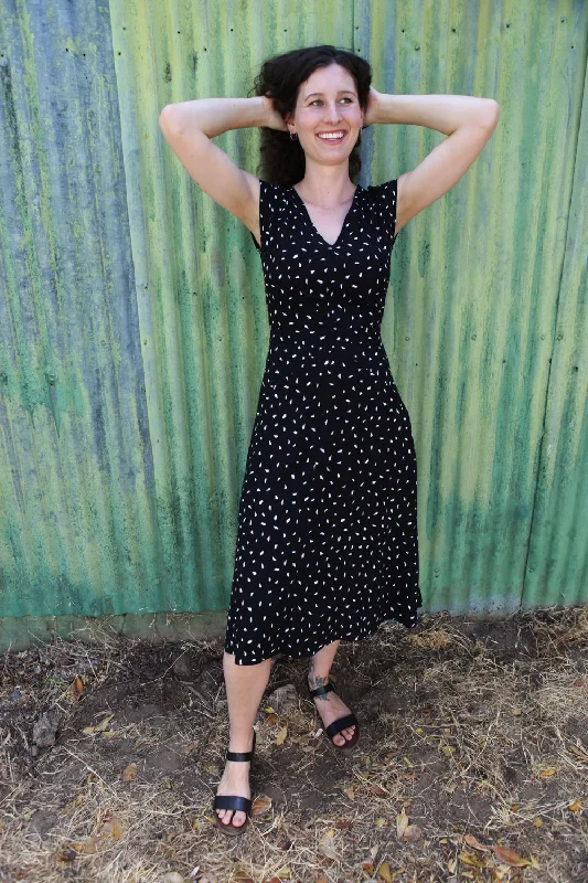 Spicy Xena Dress in Black Abstract Dots Cowl Neckline Elegant