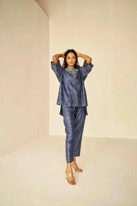 Blue- Samarkand Boat Neck Embroidered Shibori Top And Pants Set Comfortable Denim Pants Blue- Samarkand Boat Neck Embroidered Shibori Top And Pants Set Comfortable Denim Pants