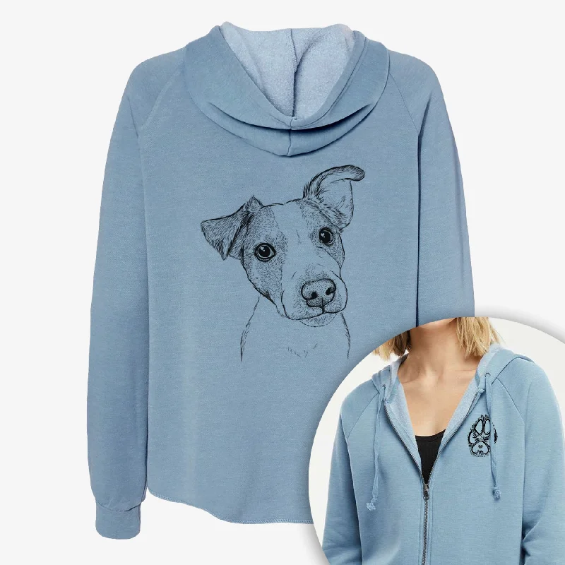 Bosse the Jack Russell Terrier - Women's Cali Wave Zip-Up Sweatshirt Hoodie with Distressed Vintage Worn Bosse the Jack Russell Terrier - Women's Cali Wave Zip-Up Sweatshirt Hoodie with Distressed Vintage Worn